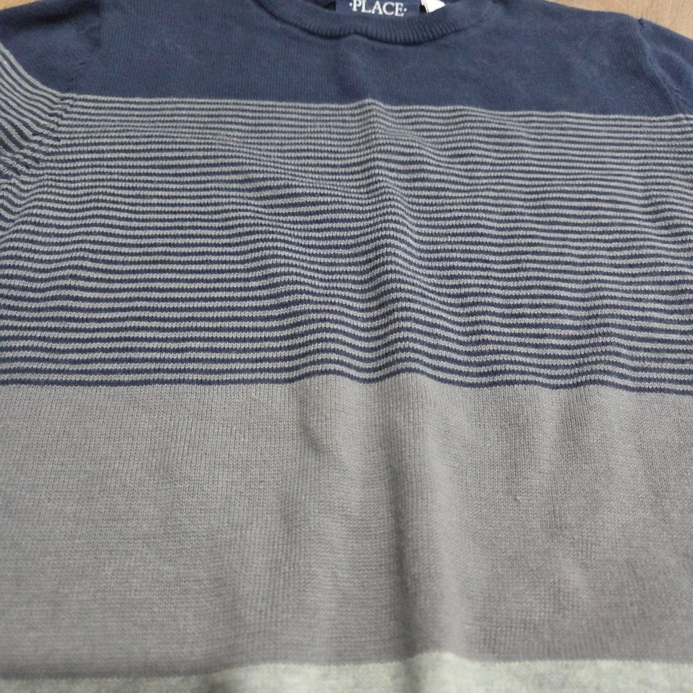 The Childrens Place Boys Navy Blue Grey Striped Colorblock Cotton Sweater 7/8 M